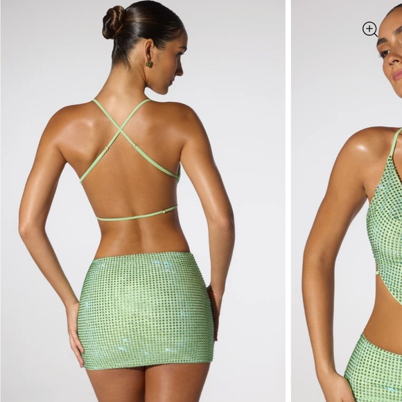 Oh Polly Embellished Mini Skirt & Cowl Neck Open Back Crop Top set in Sage Green - Picture 2 of 2